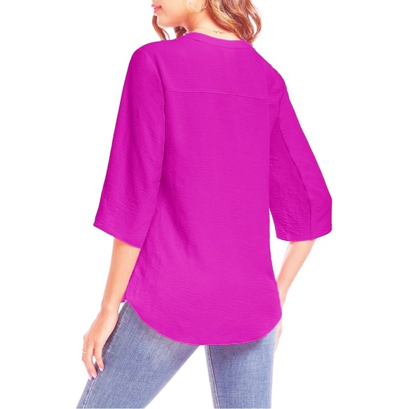 ASKYES Fuchsia Pink Chiffon V Neck Blouse 3/4 Flutter Sleeves Tunic Large - Picture 2 of 8